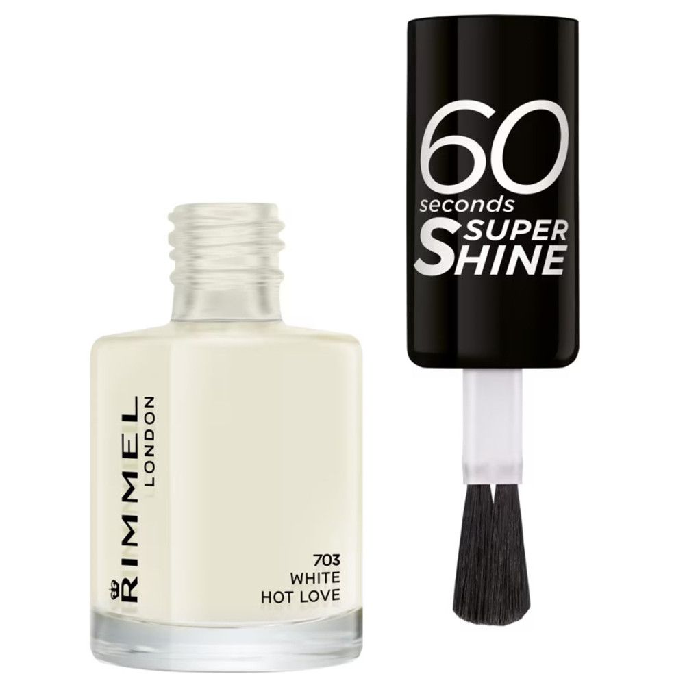 Witte nagellakfles. Zwarte dop met tekst "60 seconds SUPER SHINE". Penseel zichtbaar. Merk: Rimmel London.