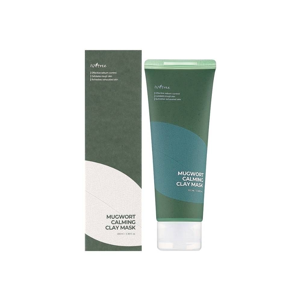 Tube en verpakking. Groen-blauwe tube. Opschrift: MUGWORT CALMING CLAY MASK. Rechthoekige verpakking.