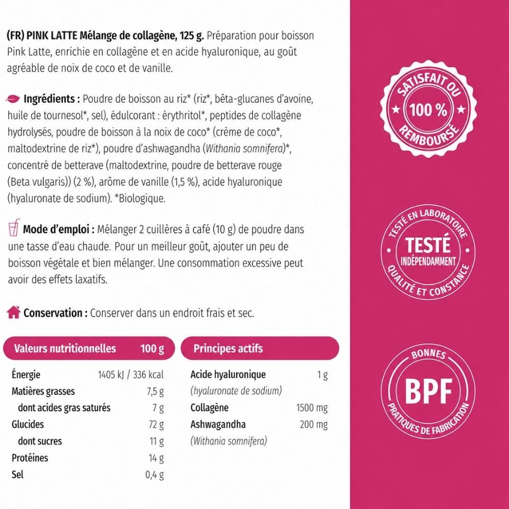 Boîte Pink Collagen, verre de Pink Latte, cuillère de poudre, morceaux de noix de coco.