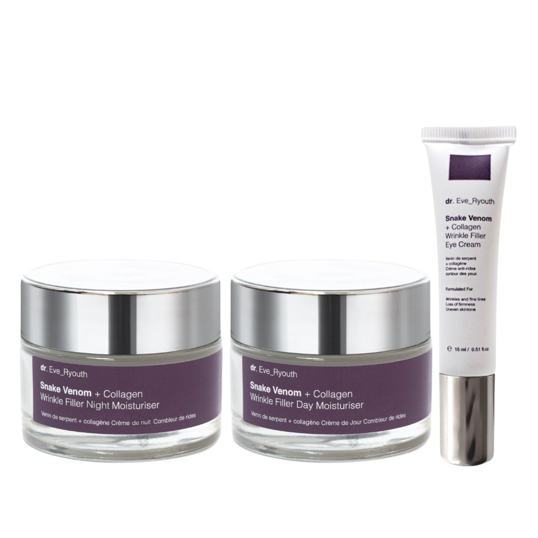 Drie cosmetische producten: twee crèmes in potten, een oogcrème in tube. Paarse etiketten, zilveren deksels. Merk: Dr. Eve_Ryouth.