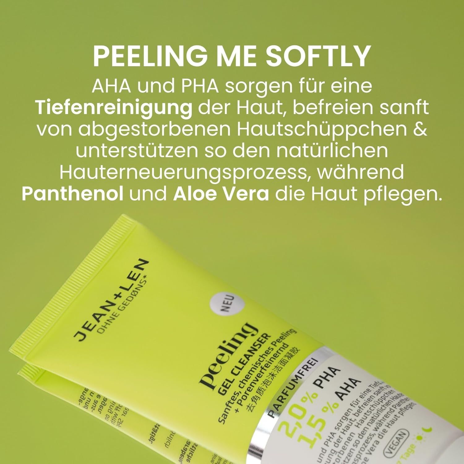 Tube de gel nettoyant jaune. Contient 2,0% PHA et 1,5% AHA. Inscription "Parfumfrei".