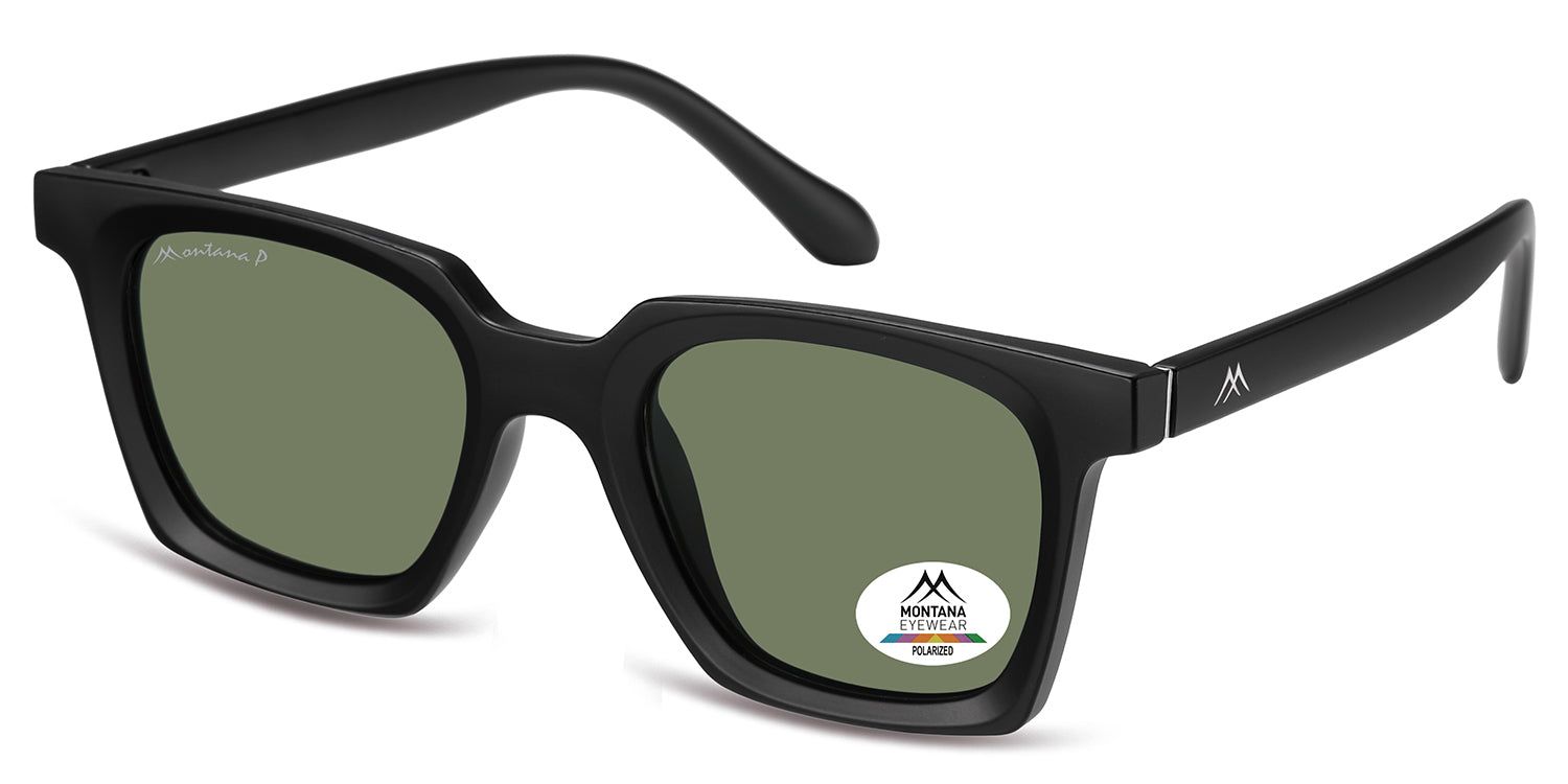 Zwarte zonnebril, schuin van voren. Een sticker op het rechterglas toont het logo en 'POLARIZED'.
