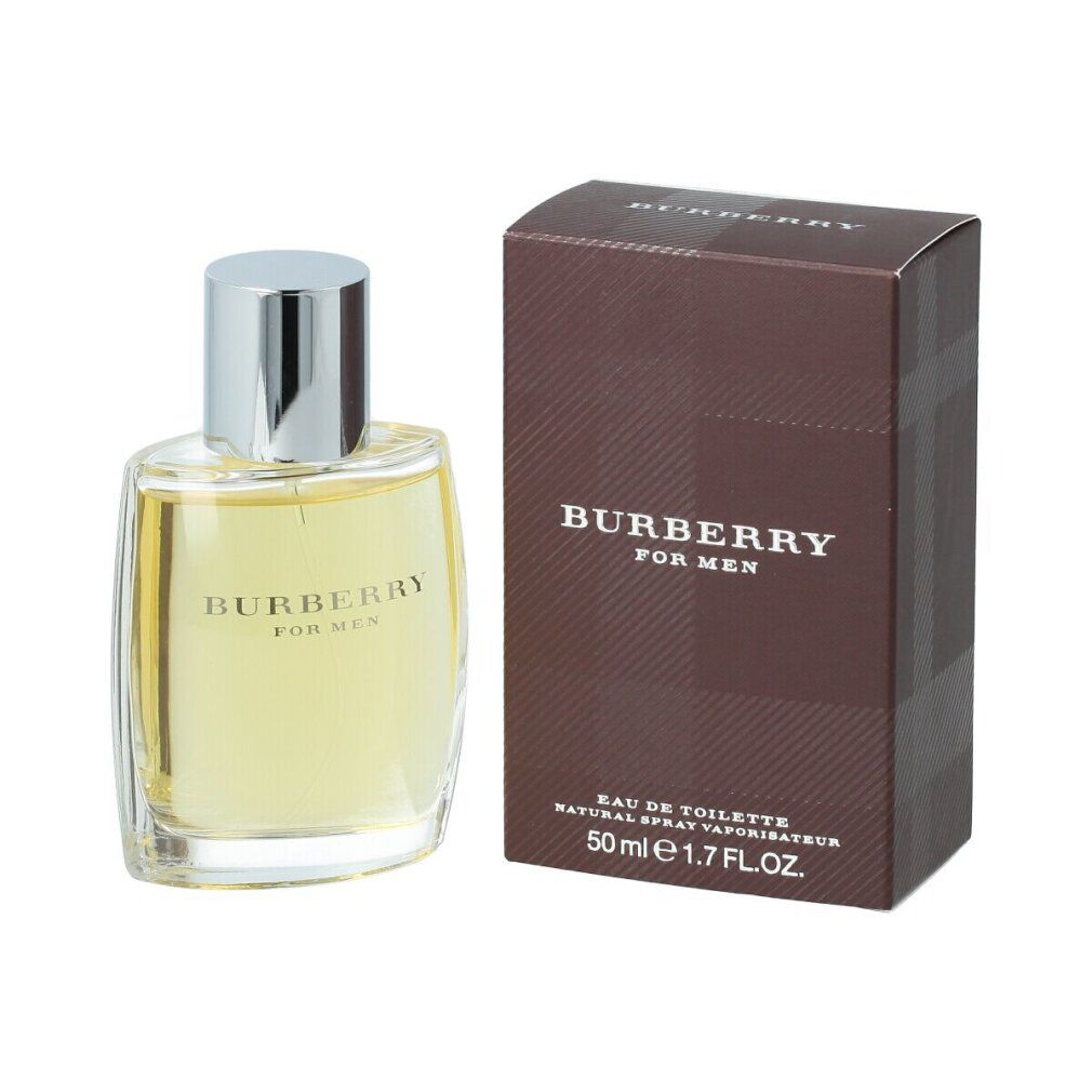 Flacon Burberry for Men Eau de Toilette et emballage. Flacon rectangulaire avec bouchon argenté. Emballage marron à motif à carreaux.