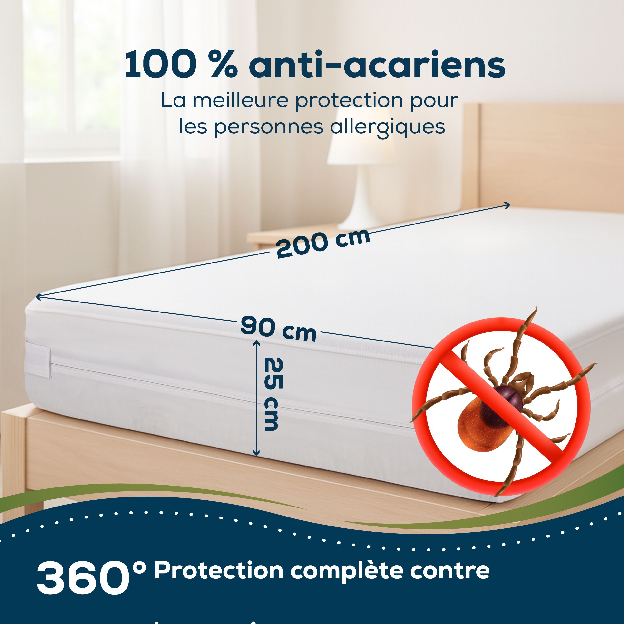 Matelas blanc, 200x90x25 cm, avec symbole anti-acariens.