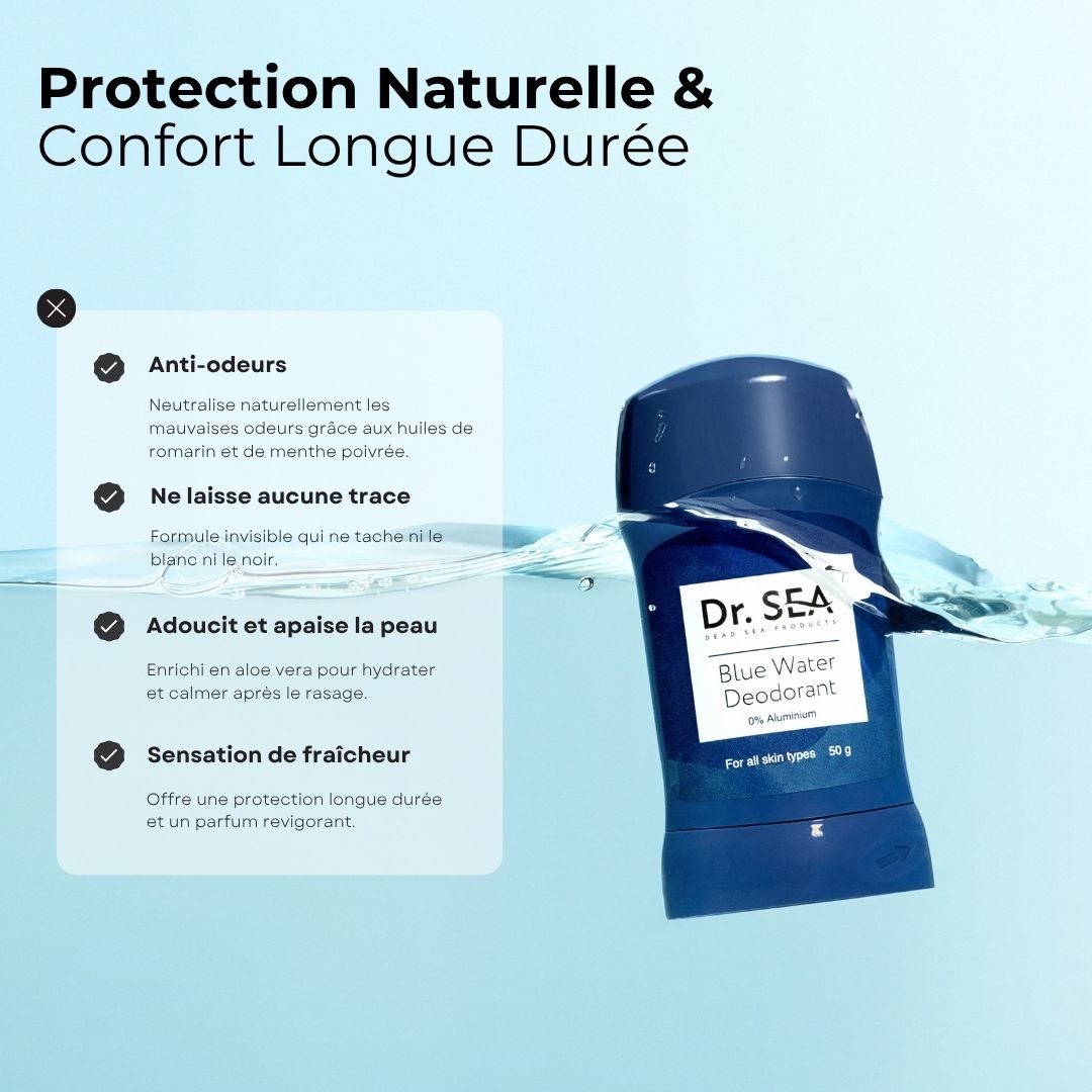 Bâton de déodorant bleu dans l'eau. Texte : Protection naturelle & confort longue durée. Anti-odeurs, ne laisse pas de traces.