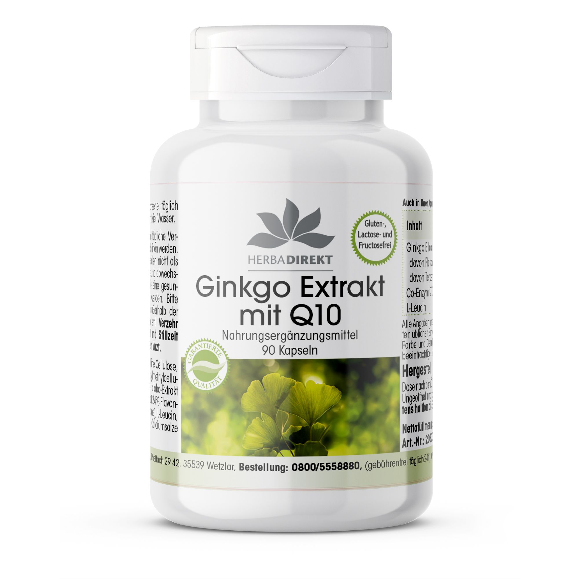 Flacon blanc de Ginkgo Extrakt mit Q10. Inscription: Herbadirekt, 90 capsules, sans gluten, lactose et fructose.