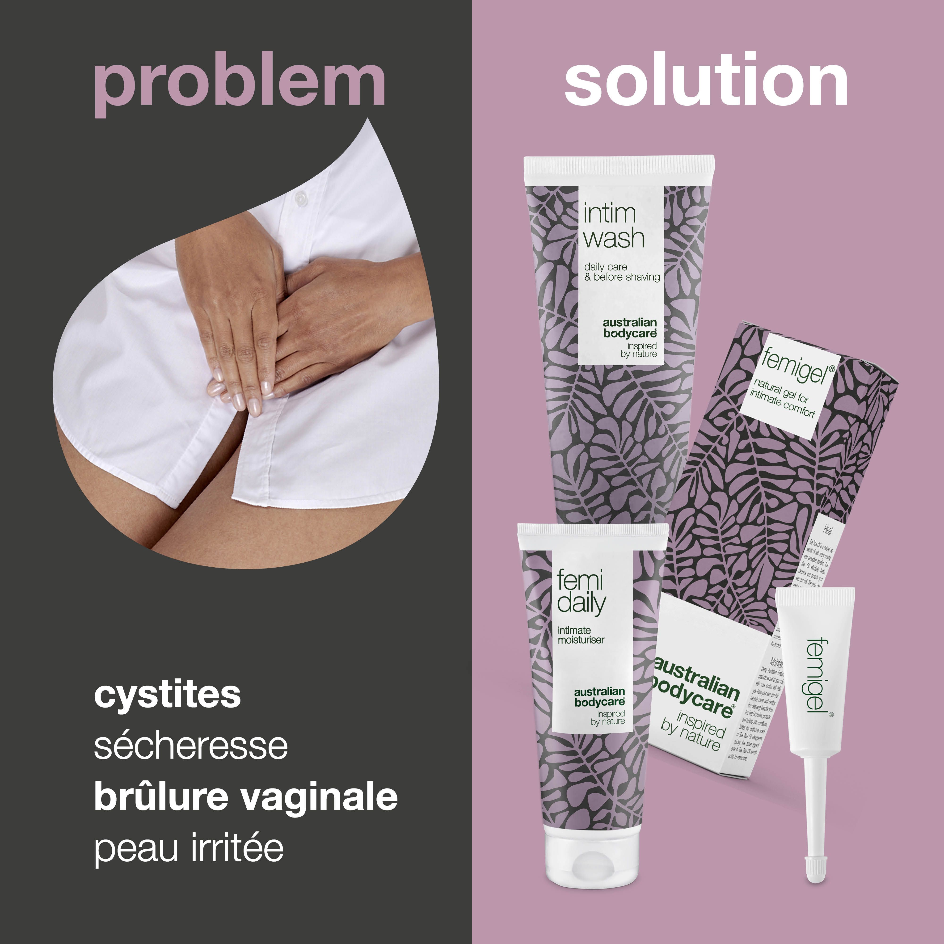 Comparaison : problème et solution. Produits : gel lavant, hydratant et gel intime. Marque : Australian Bodycare.