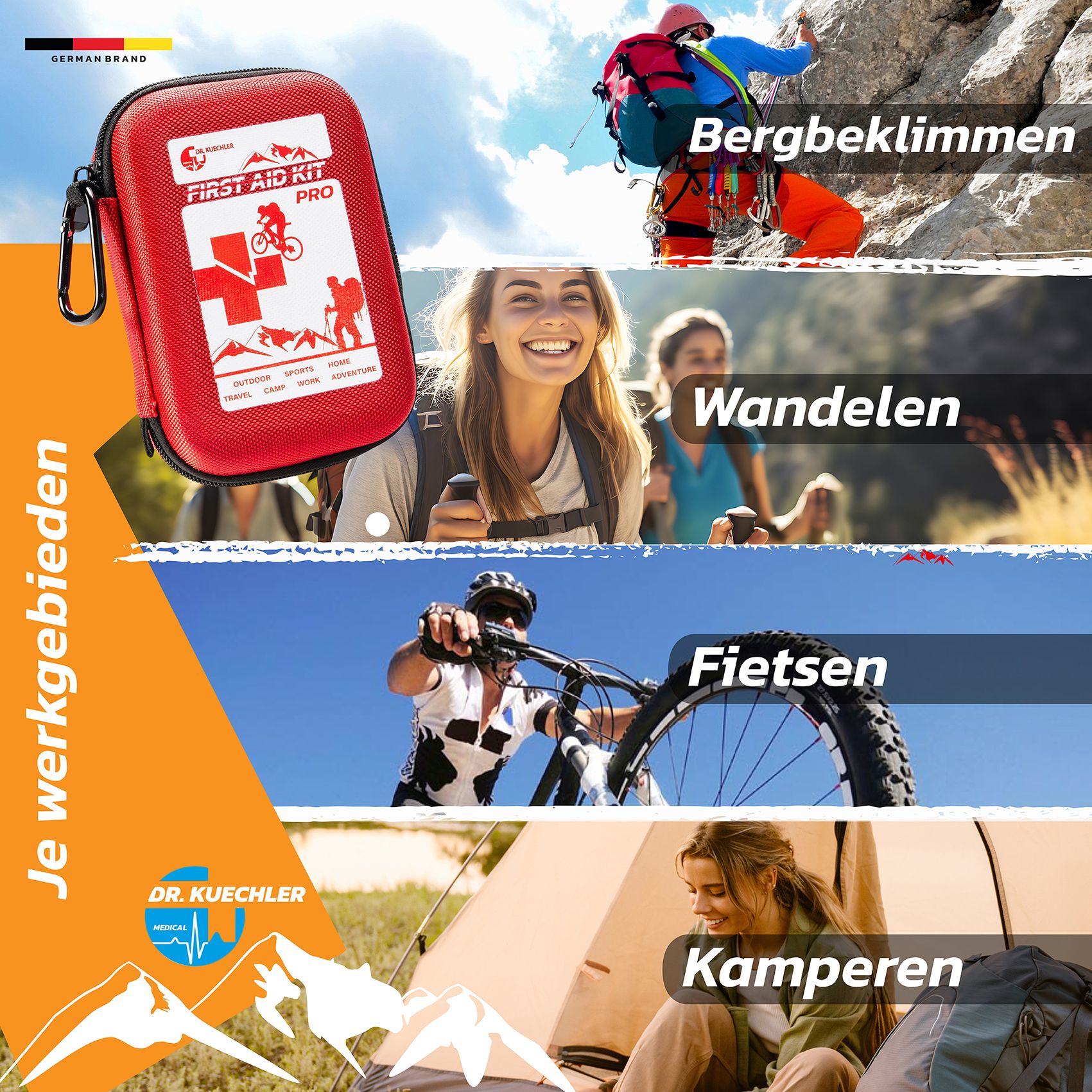 Rode EHBO-kit PRO met afmetingen: 17x12x7,5 cm, 350g. Met karabijnhaak en zwarte rits.