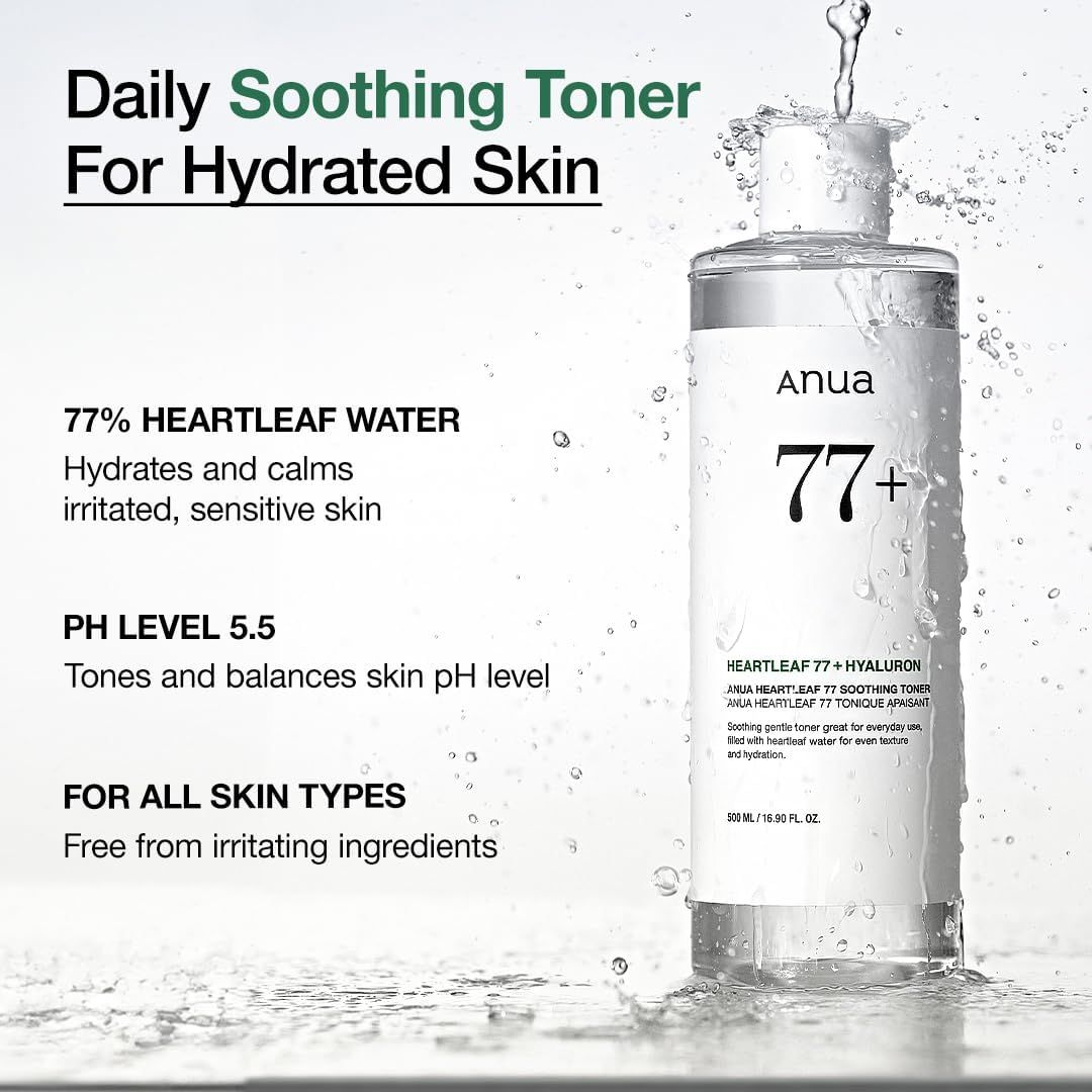 Bouteille de Anua Heartleaf 77% Soothing Toner avec éclaboussures, promettant un soulagement quotidien pour une peau hydratée.