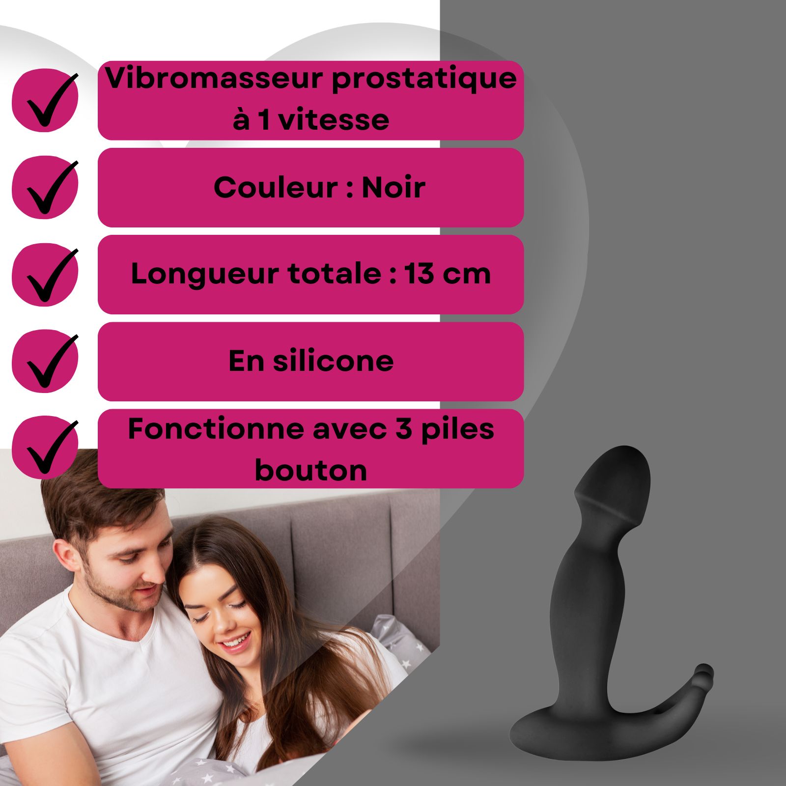 Vibrateur noir. Texte: Vibromasseur, couleur: noir, 13 cm, silicone, 3 piles bouton. Couple.