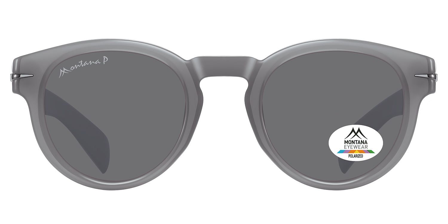 Grijze zonnebril met ronde glazen. Montana Eyewear logo en polarisatie sticker. Poten met logo. Vooraanzicht.