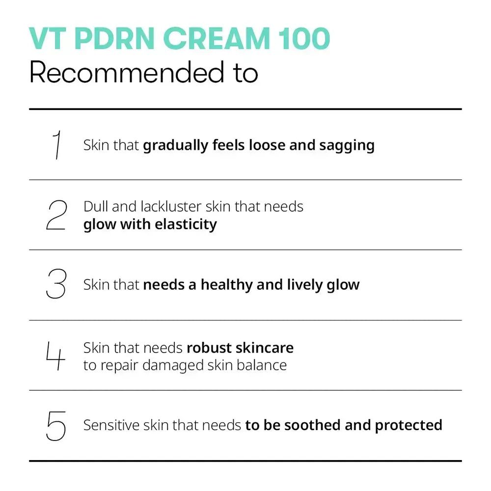 Tube de crème VT Cosmetics PDRN 100 avec bouchon argenté et accent turquoise.