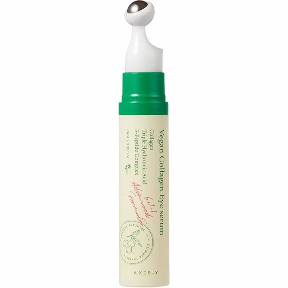 Produit avec applicateur. Design vert et blanc. Texte : Vegan Collagen Eye Serum, AXIS-Y.