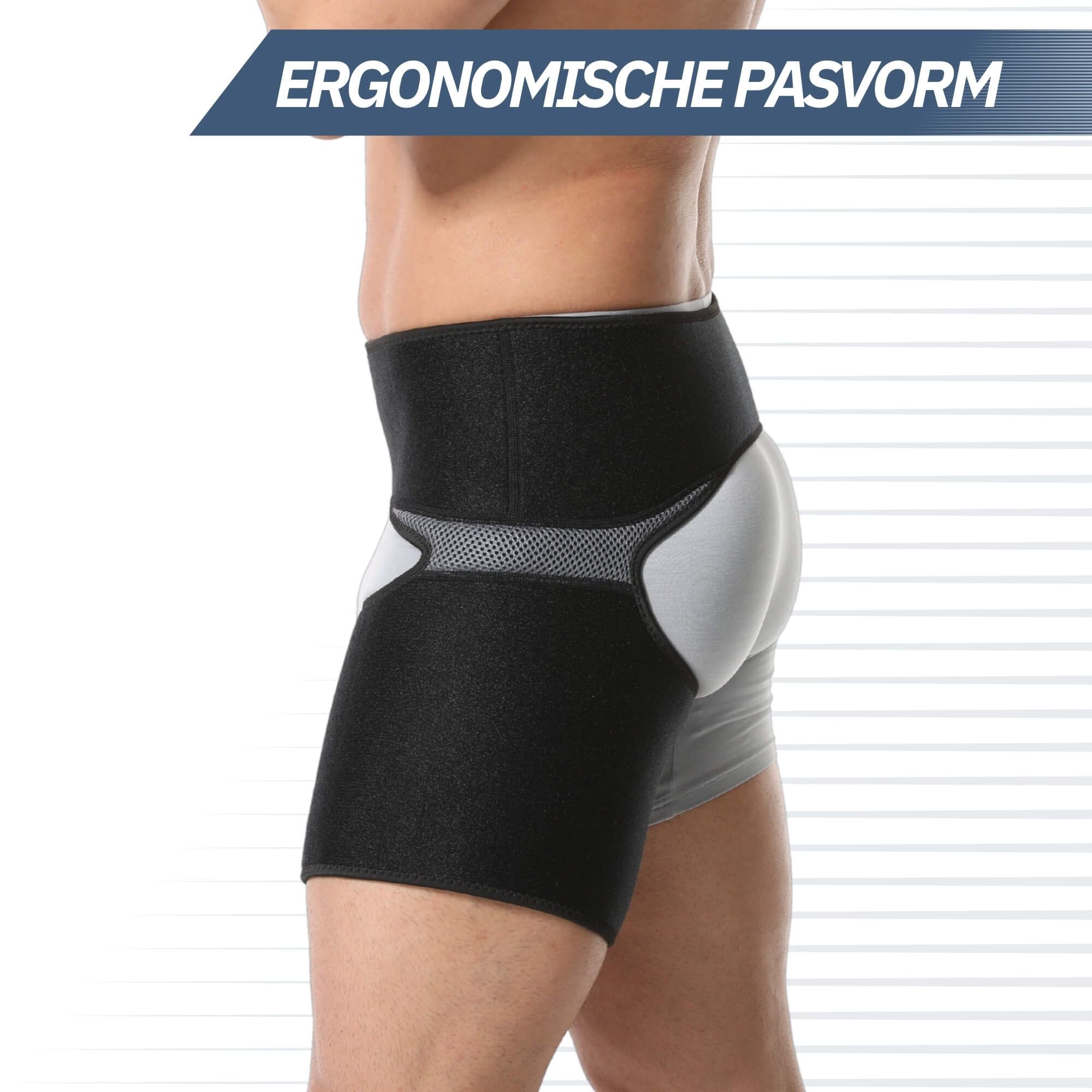 Instructions d'utilisation pour une ceinture de soutien hanche-cuisse noire en quatre étapes.