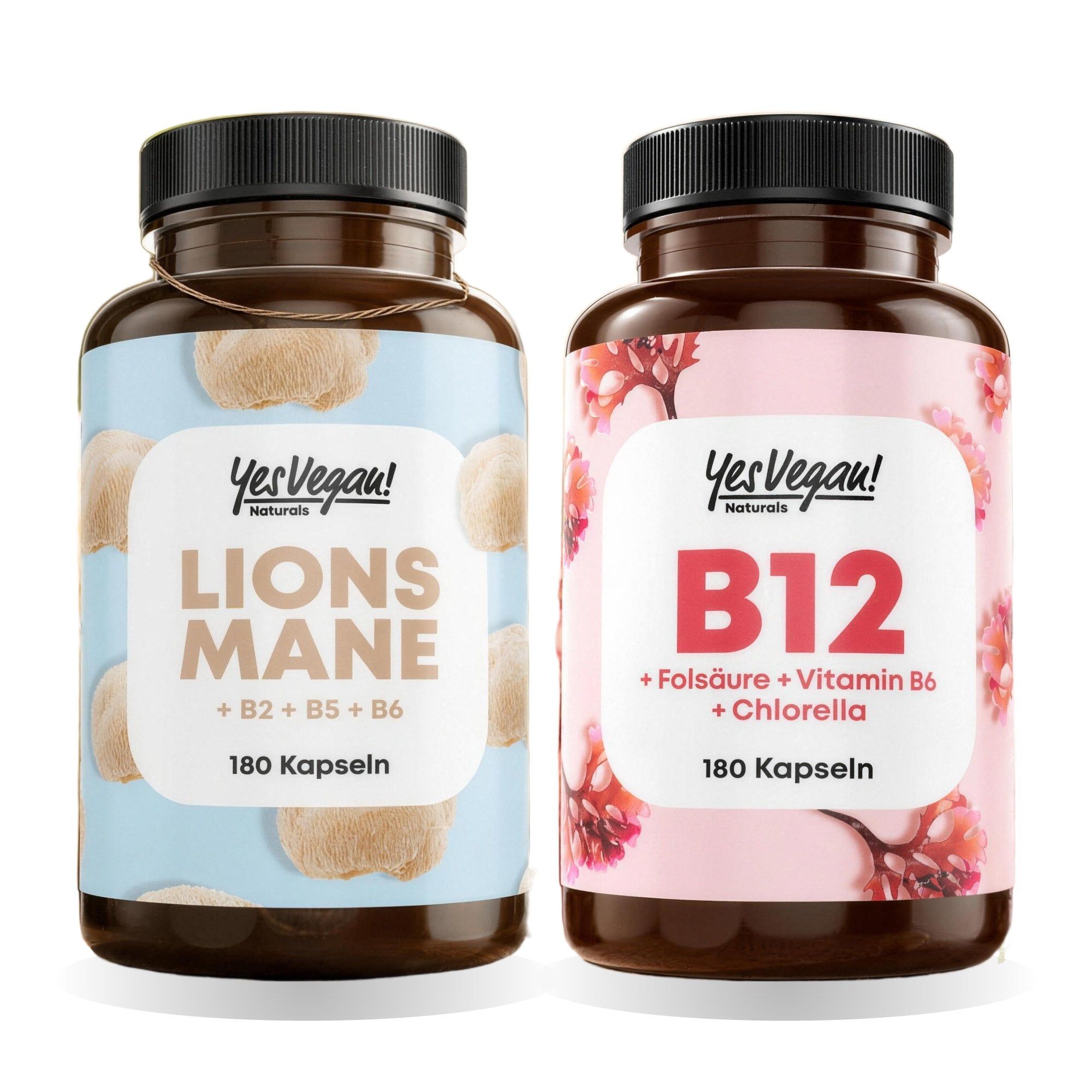 Twee flessen voedingssupplementen: Lions Mane en B12.