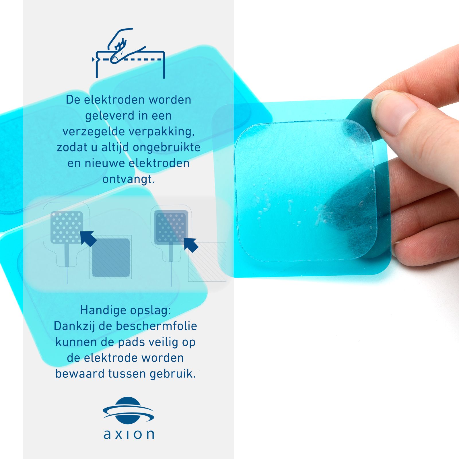 Gelpads met beschermfolie. Illustratie van de verpakking. axion logo.