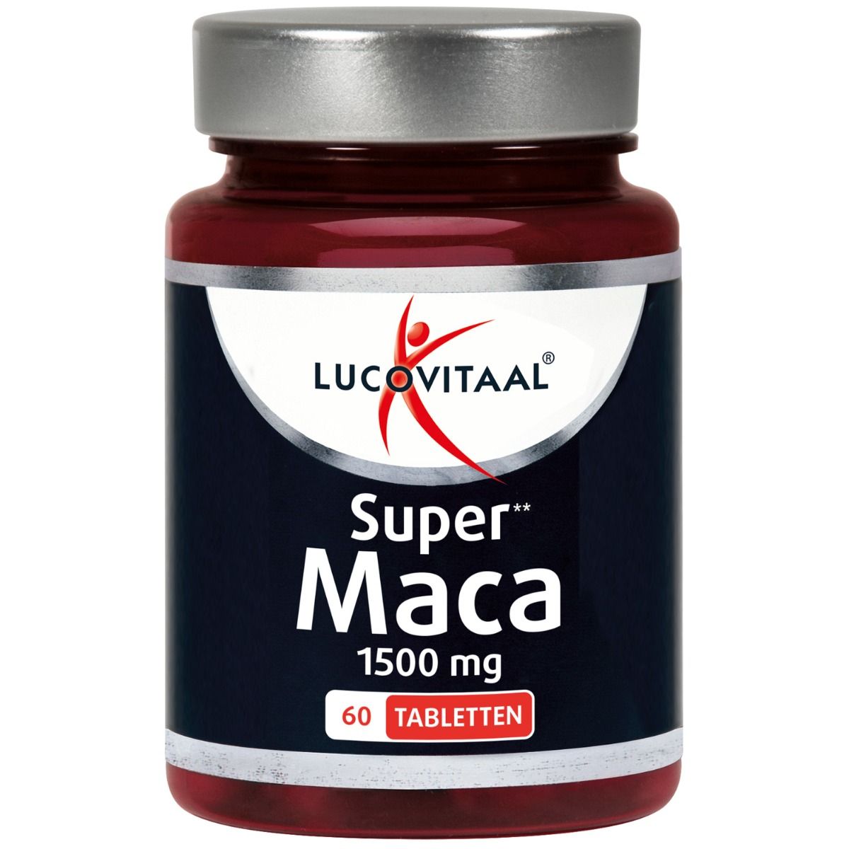 Bruine fles met zilveren dop. Label met "Lucovitaal Super Maca 1500 mg". Bevat 60 tabletten.