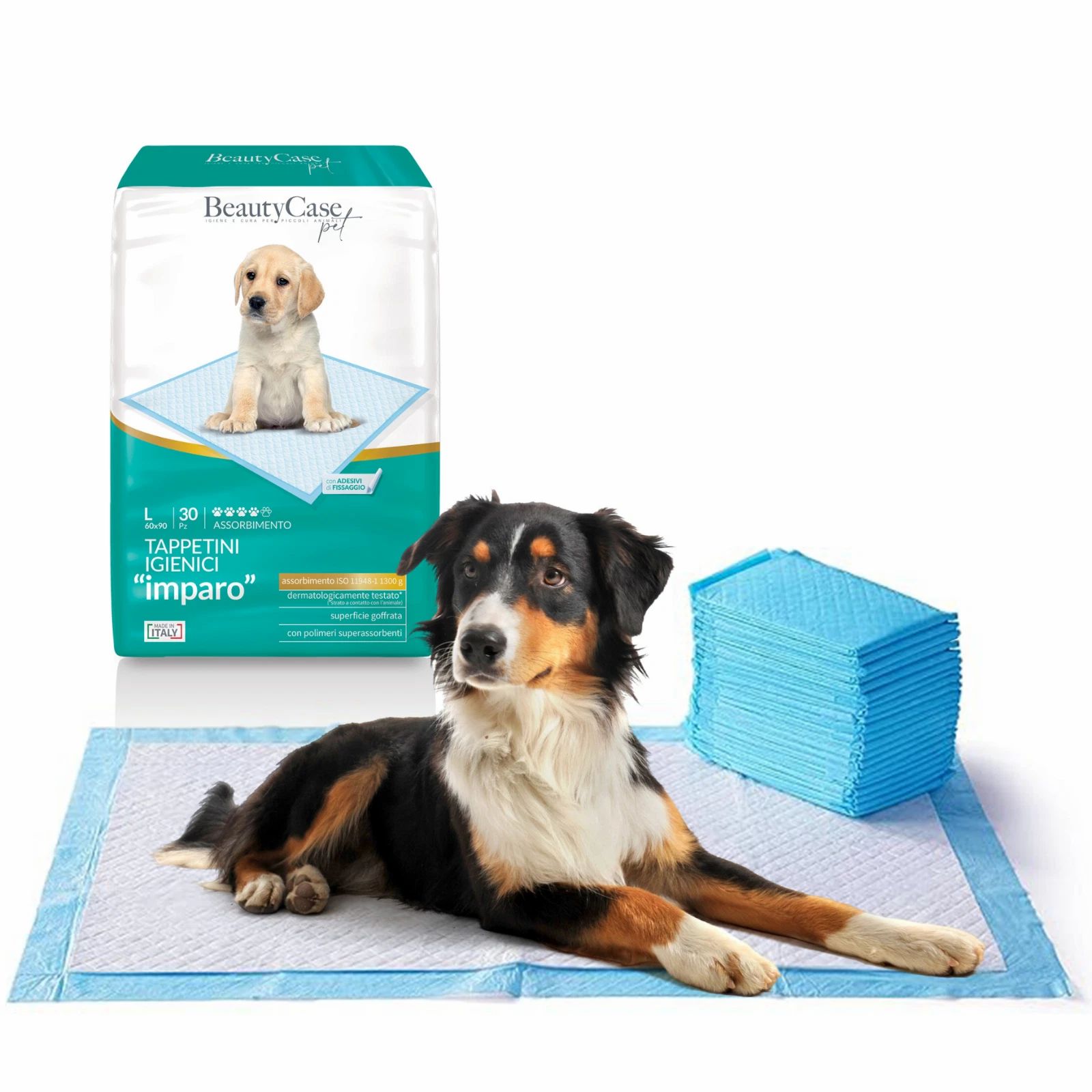 Alèses hygiéniques pour chiens, bleues, avec chien. Emballage avec nom du produit et chiot. Un chien est couché sur une alèse, une pile à côté.
