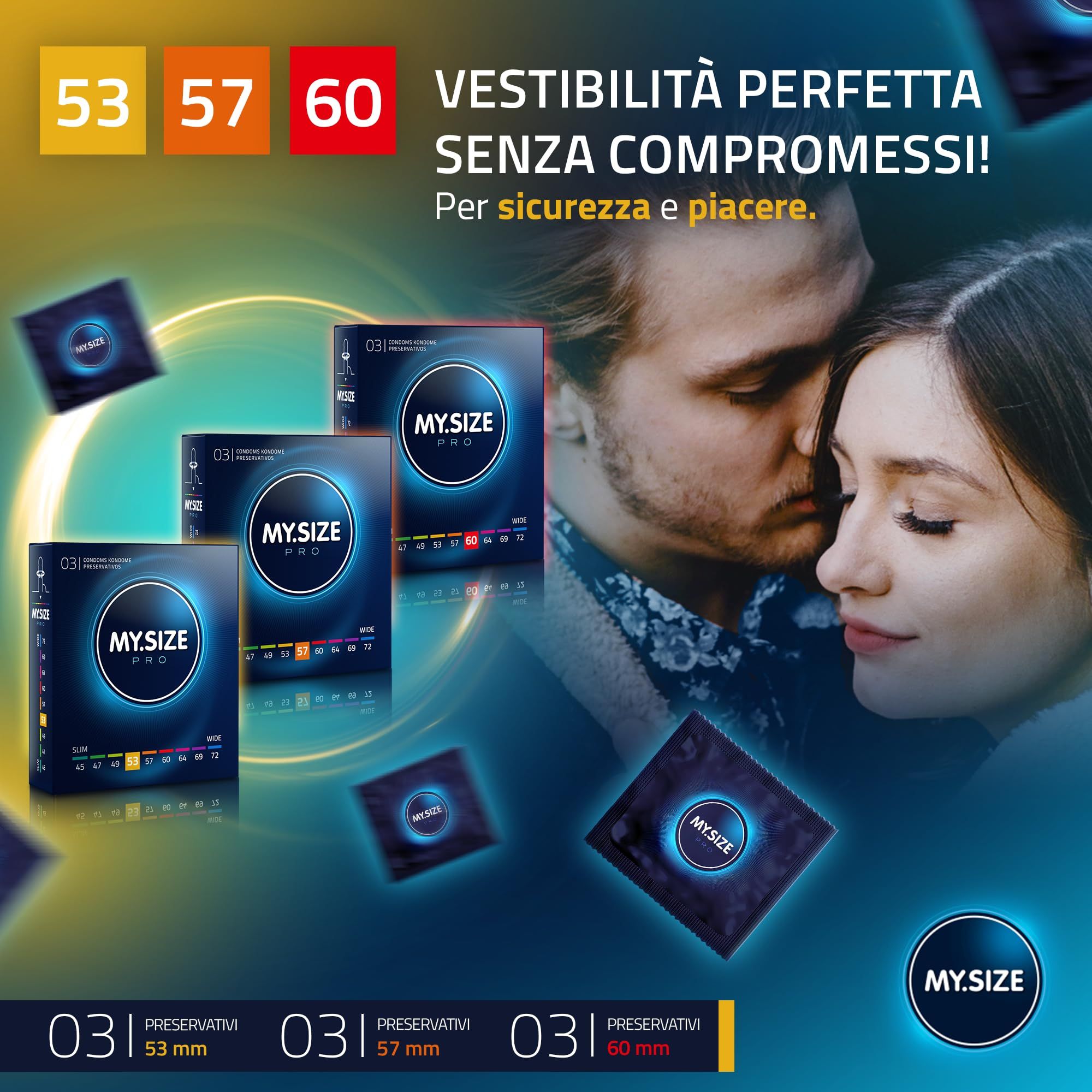 Publicité pour préservatifs My.Size PRO avec tailles et un couple.