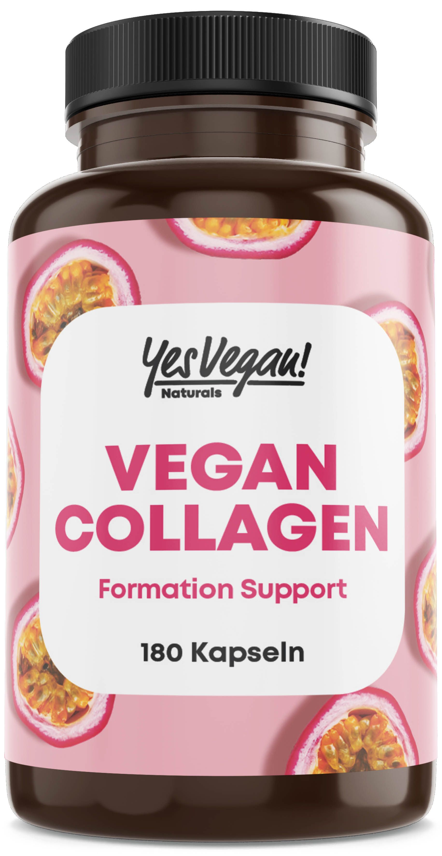 Bocal brun avec étiquette rose indiquant "Vegan Collagen", motif fruit de la passion.
