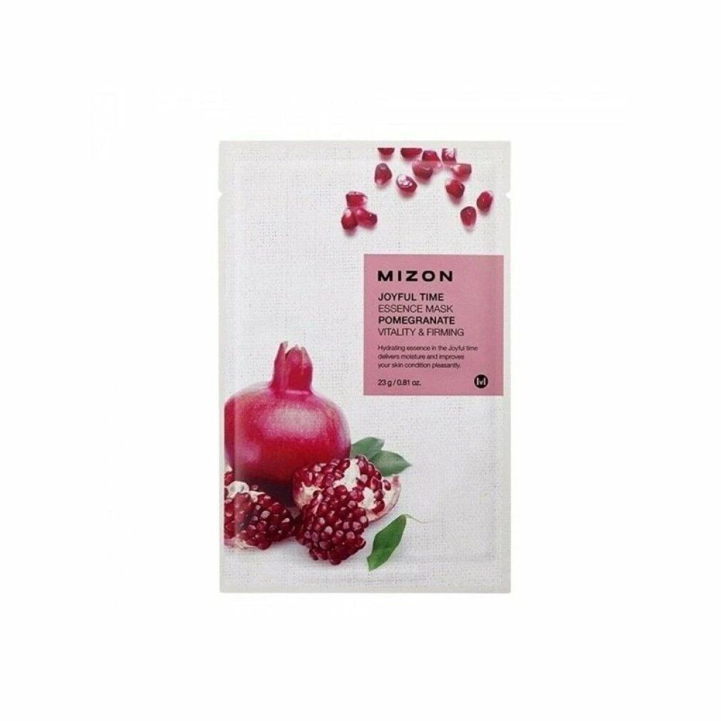 Verpakking MIZON Joyful Time Essence Mask Melograno. Granaatappel en zaden afgebeeld. Tekst: Joyful Time, Pomegranate, Vitality & Firming.