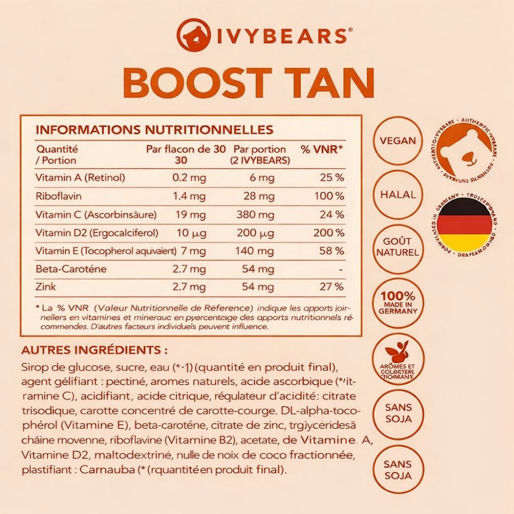 Informations nutritionnelles pour les gommes IvyBears Boost Tan. Vegan, halal, 100% Fabriqué en Allemagne.
