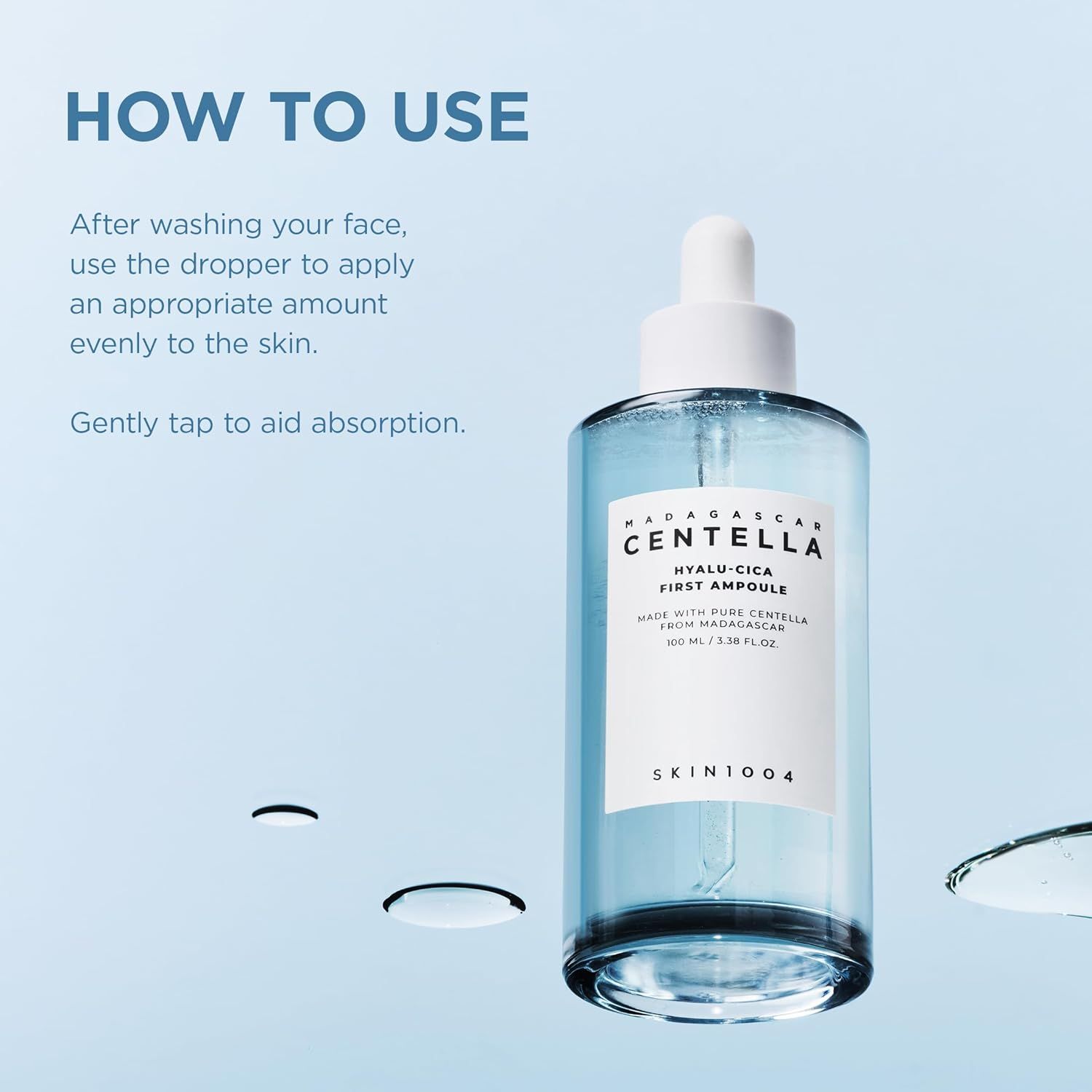 Gebruiksaanwijzing voor SKIN1004 Hyalu-Cica First Ampoule. Fles met druppelaar.