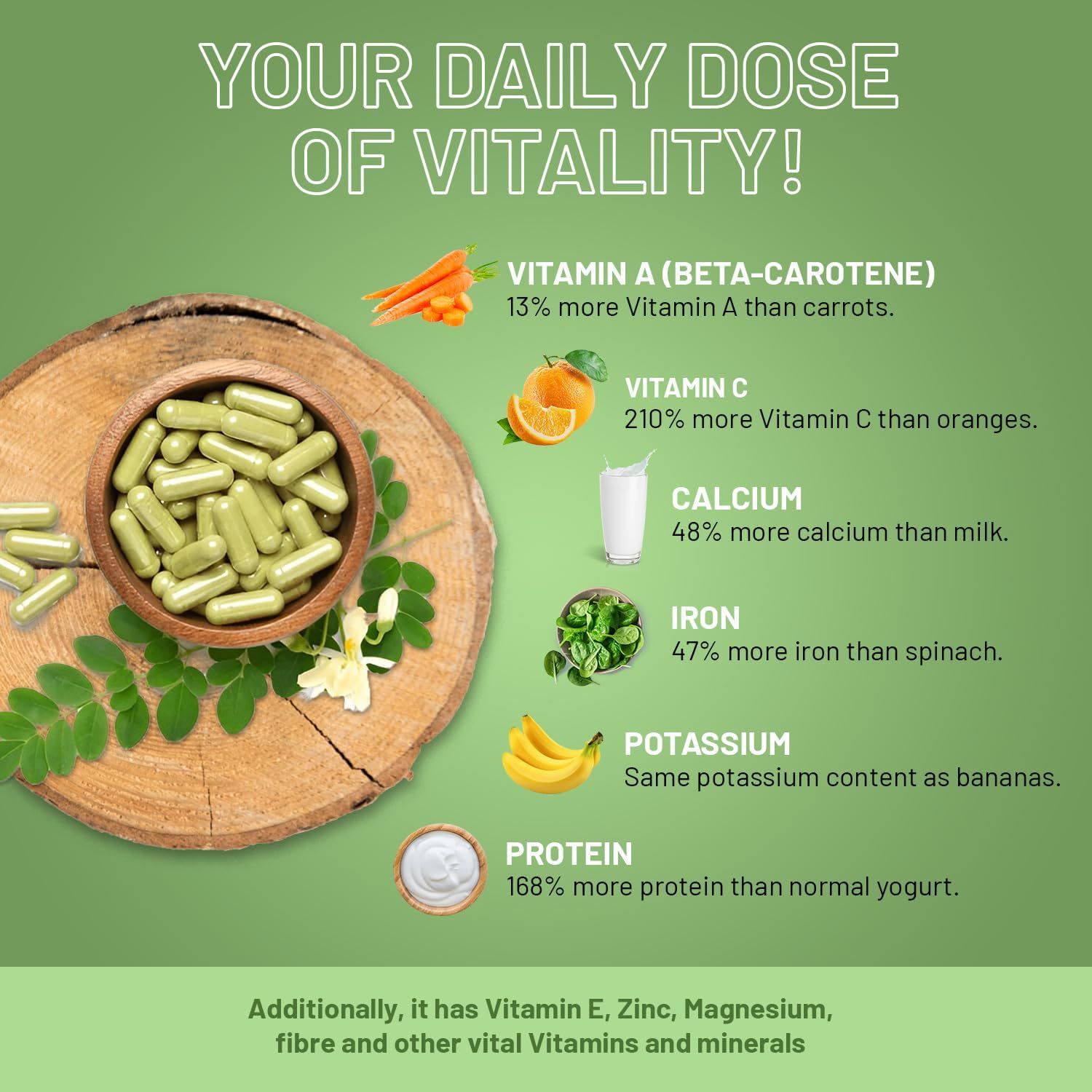 Houten schijf met een kom vol groene capsules. Diagram met vitaminen en mineralen in moringa, zoals vitamine A, C, calcium, ijzer, kalium en eiwit.