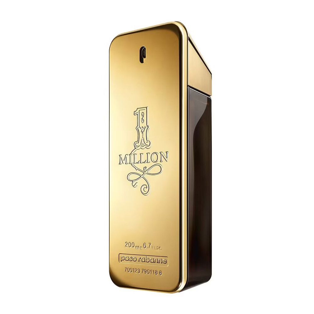 Flacon doré Paco Rabanne 1 Million. Inscription: 1 Million, Eau de Toilette, 200ml.