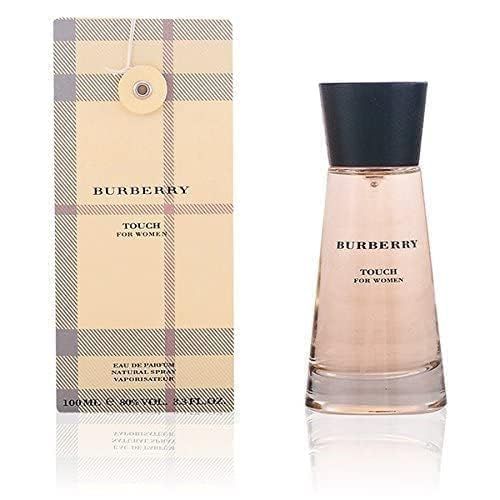 Flacon et emballage Burberry Touch for Women. Flacon avec bouchon noir, emballage à carreaux et fermeture.