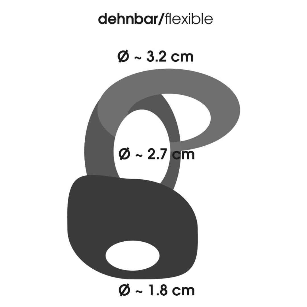 Schéma noir et gris du trio de bagues péniennes/testiculaires. Diamètres : 3,2 cm, 2,7 cm, 1,8 cm. Flexible.