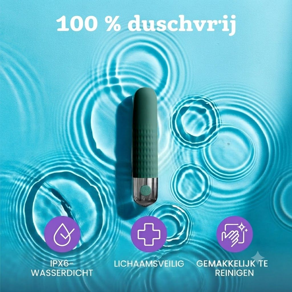 Donkergroene vibrator met geribbelde textuur en zilveren accent. IPX6 waterdicht.