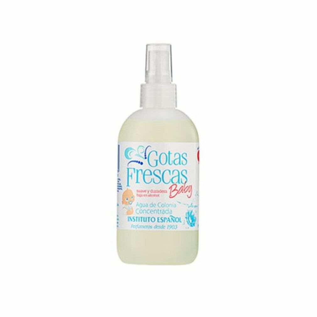 Flacon blanc avec vaporisateur. Inscription: Gotas Frescas Baby, Agua de Colonia Concentrada. INSTITUTO ESPAÑOL.