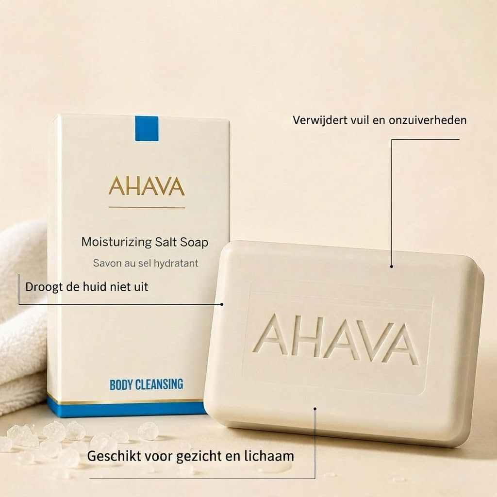 AHAVA hydraterende zoutzeep, wit, rechthoekig. Kartonnen verpakking ernaast.
