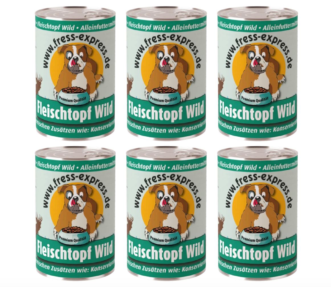 Zes blikken Fress-express Fleischtopf Wild complete voeding voor honden. Op elk blik staat een hond afgebeeld.