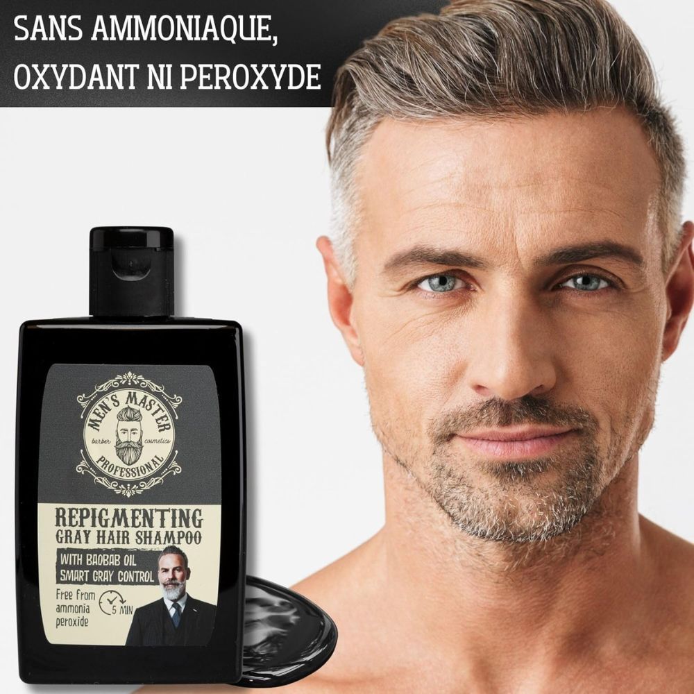 Homme aux cheveux gris et flacon de produit. Texte : Sans ammoniaque, oxydant ni peroxyde. Repigmenting Gray Hair Shampoo.