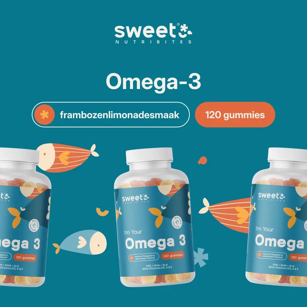 Drie flessen Omega-3 gummies. Tekst: Omega-3, 120 gummies, frambozenlimonadesmaak.