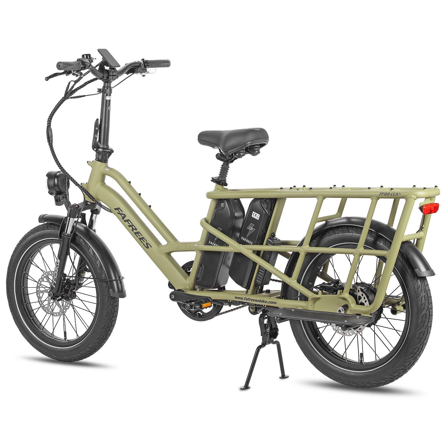 Groene Fafrees FF20 CUV e-bike. Bagagerek, twee batterijen, achterlicht, zwarte banden en zadel.