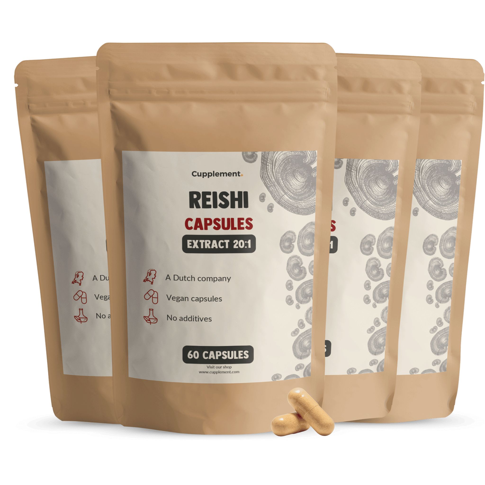 Zakjes Reishi capsules. 60 capsules. Vegan. Zonder toevoegingen. Nederlands bedrijf.