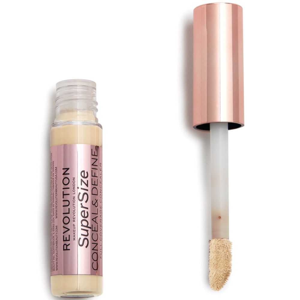 Flacon de correcteur et applicateur. Inscription: Super Size Conceal & Define. Bouchon or rose.