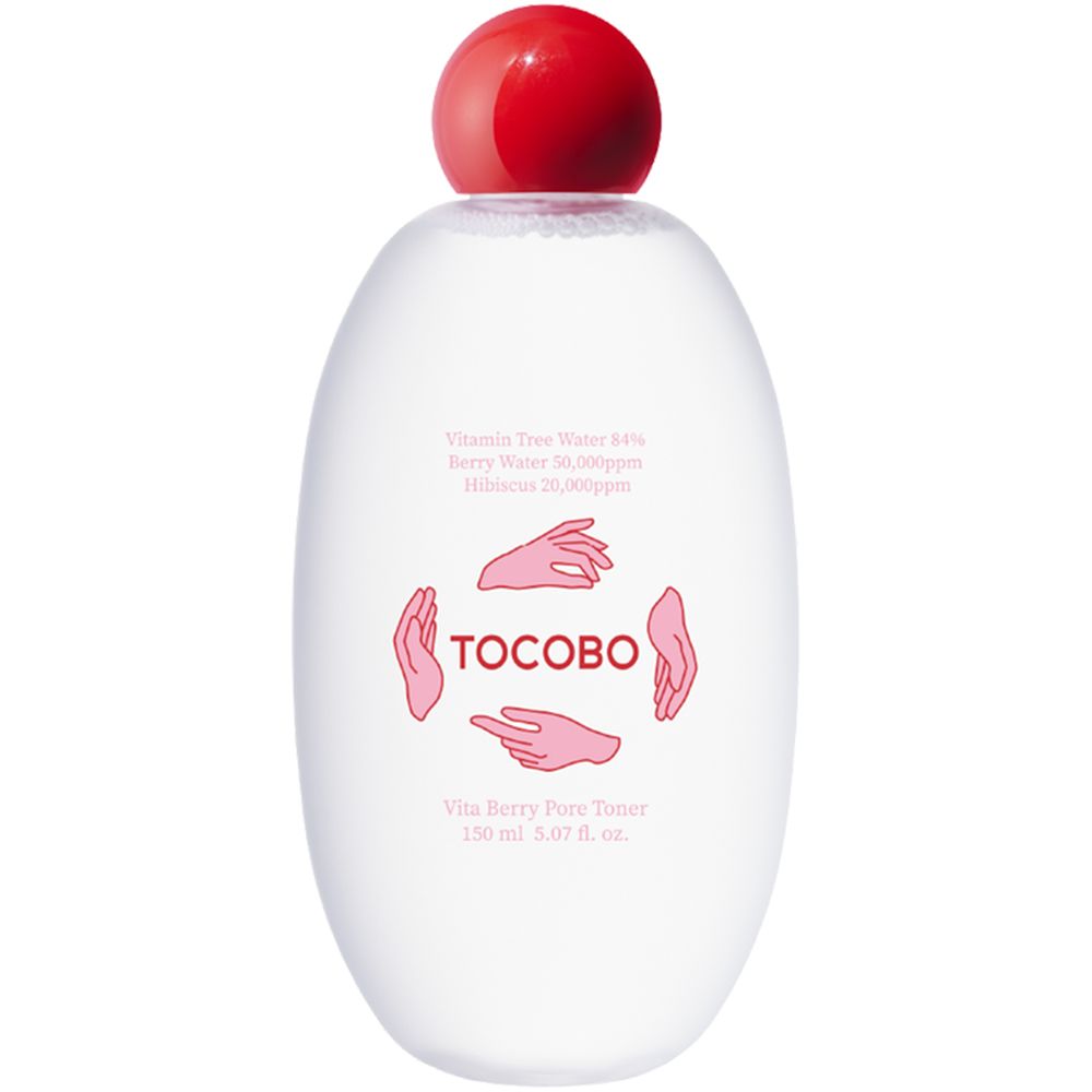 Ovale fles met rode dop. Opschrift: TOCOBO Vita Berry Pore Toner. Product in detail, zonder achtergrond.