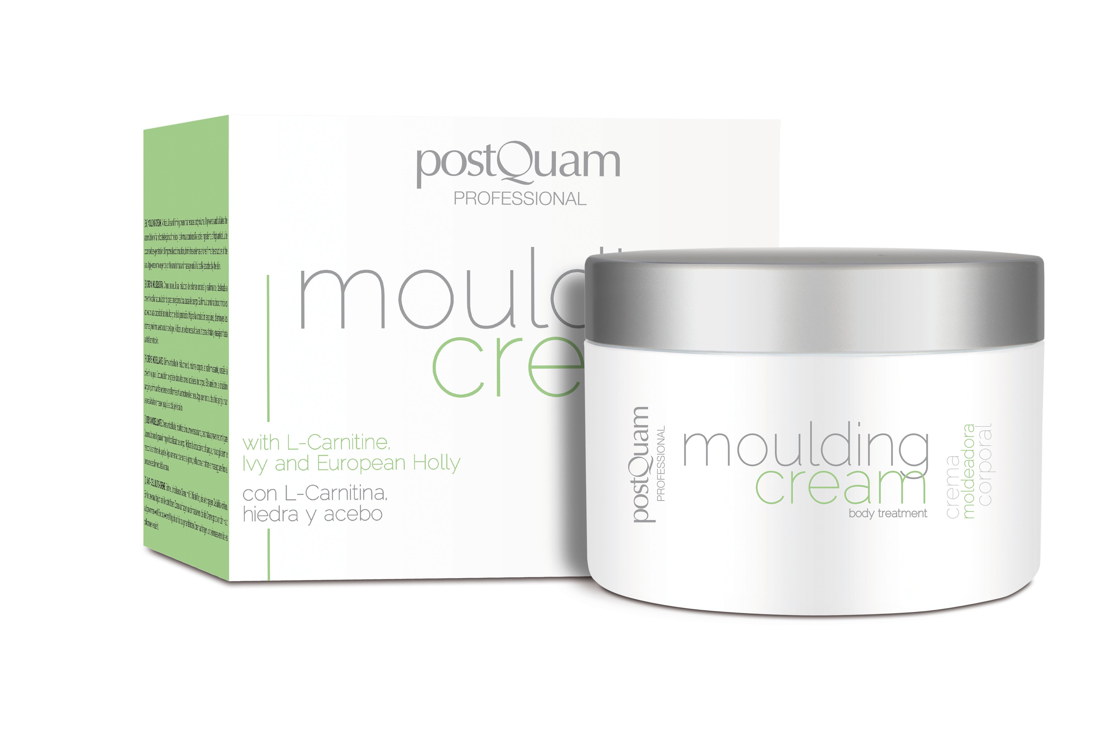 Crèmepot en verpakking. Opschrift: Moulding Cream, Postquam Professional. Bevat L-Carnitine, klimop en hulst.