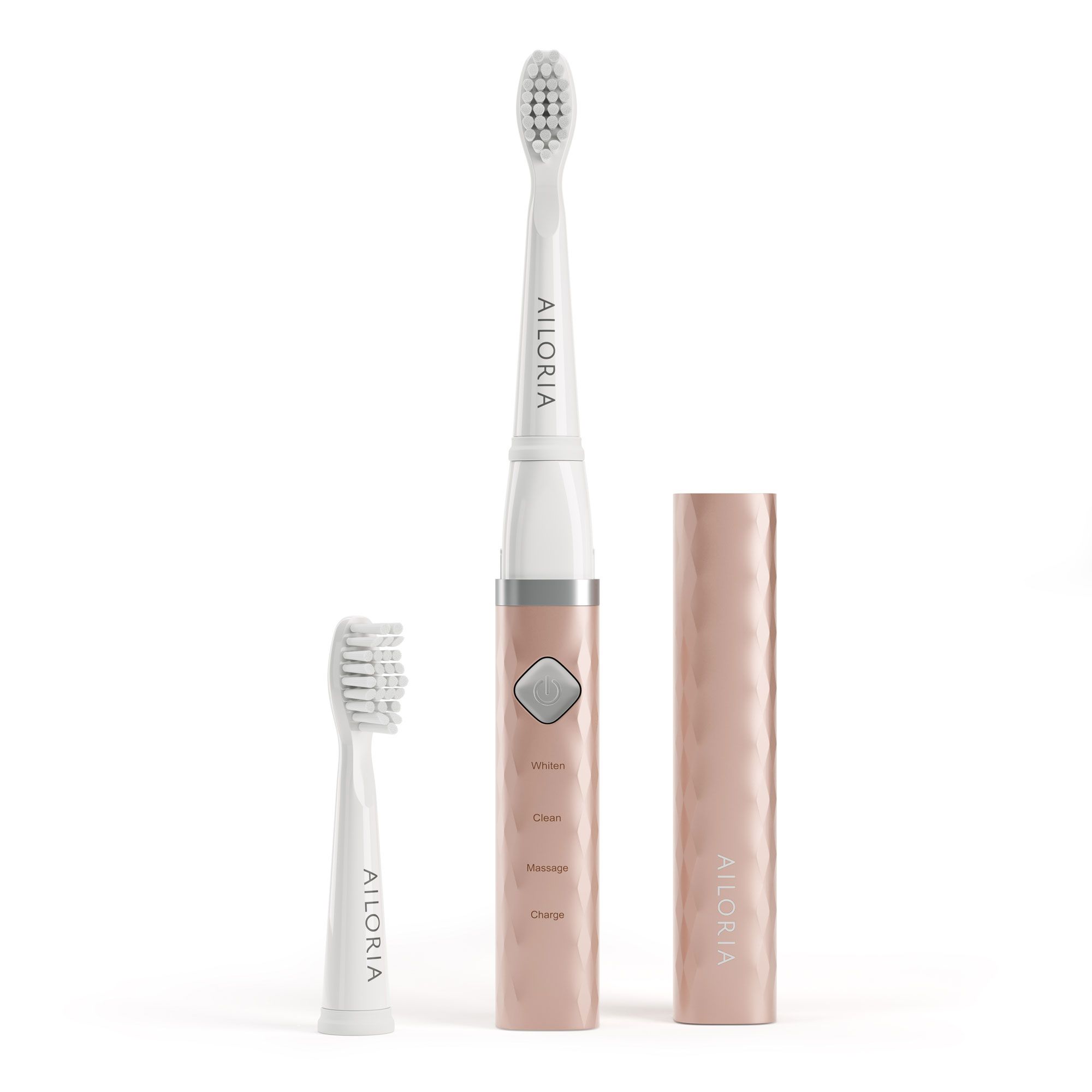 Brosse à dents électrique avec deux têtes et étui. Corps rose doré avec logo AILORIA. Port de charge USB.