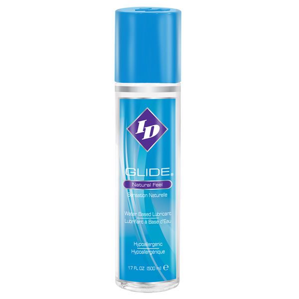 ID Glide Natural Feel lubrifiant à base d'eau dans une bouteille transparente avec un distributeur bleu.
