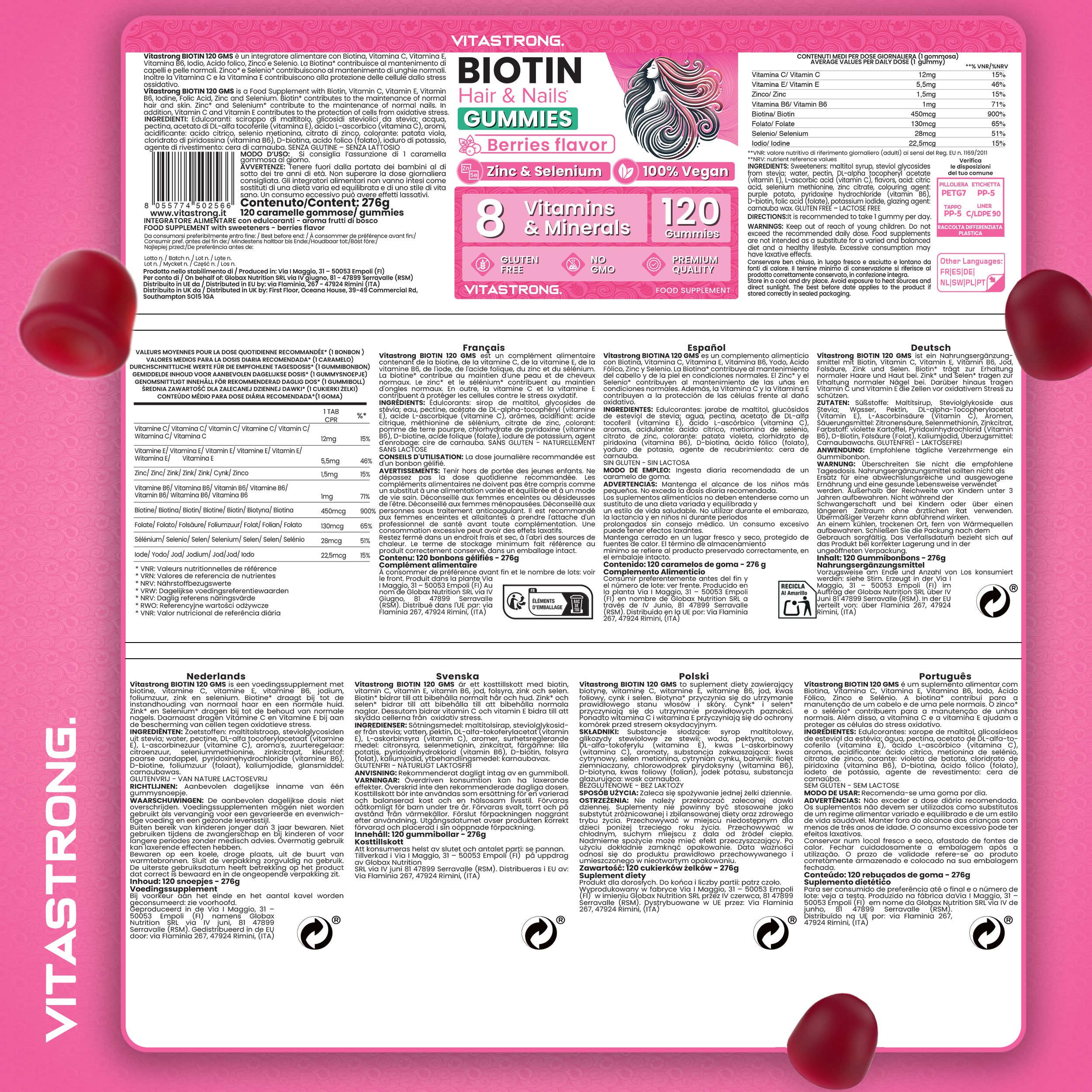 Informations produit multilingues. Texte : Biotine Cheveux & Ongles Gummies, 120 gummies, 8 vitamines et minéraux. Saveur baies.