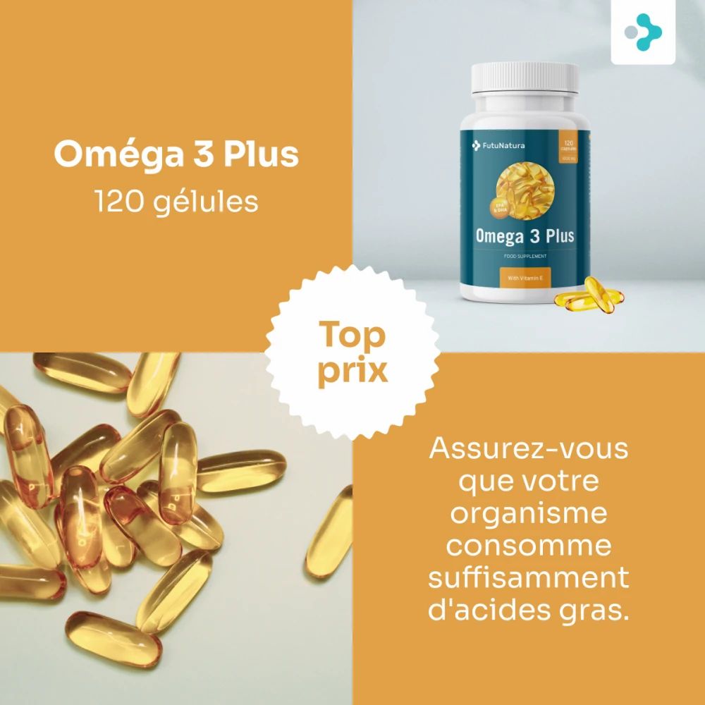 Oméga 3 Plus, 120 gélules. Gélules à côté de la bouteille. Texte: Top prix, Assurez-vous que votre corps consomme suffisamment d'acides gras.