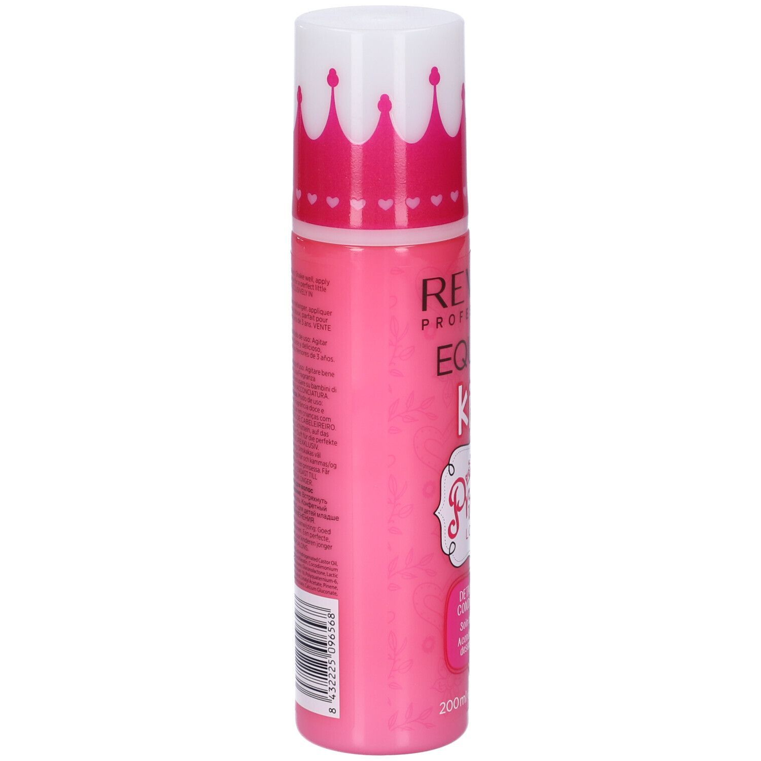 Flacon rose avec bouchon blanc. Inscription: Revlon Equave Kids Princess Look. Texte sur le côté.