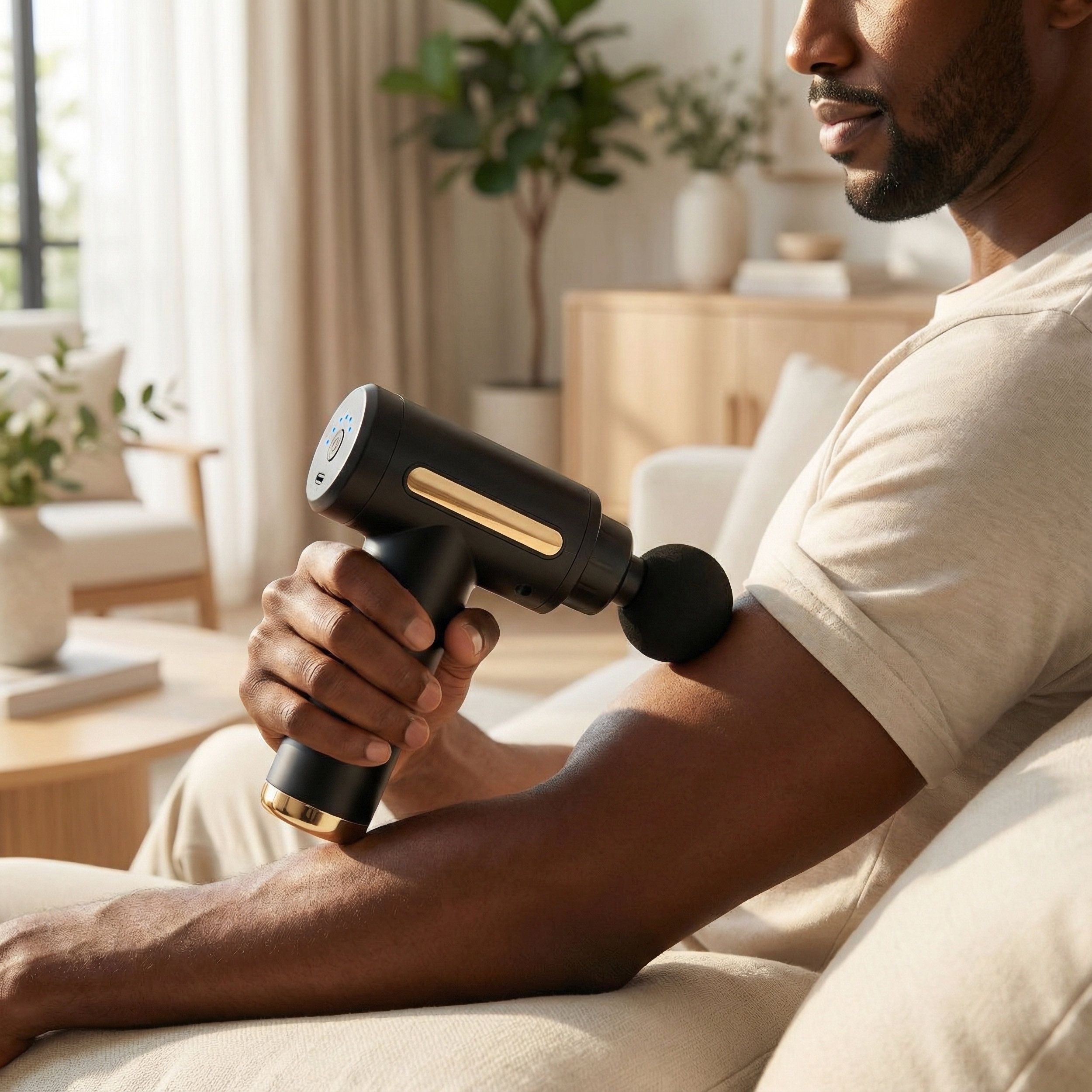 Appareil de massage noir avec des accents dorés. L'homme masse son bras. Canapé en arrière-plan.