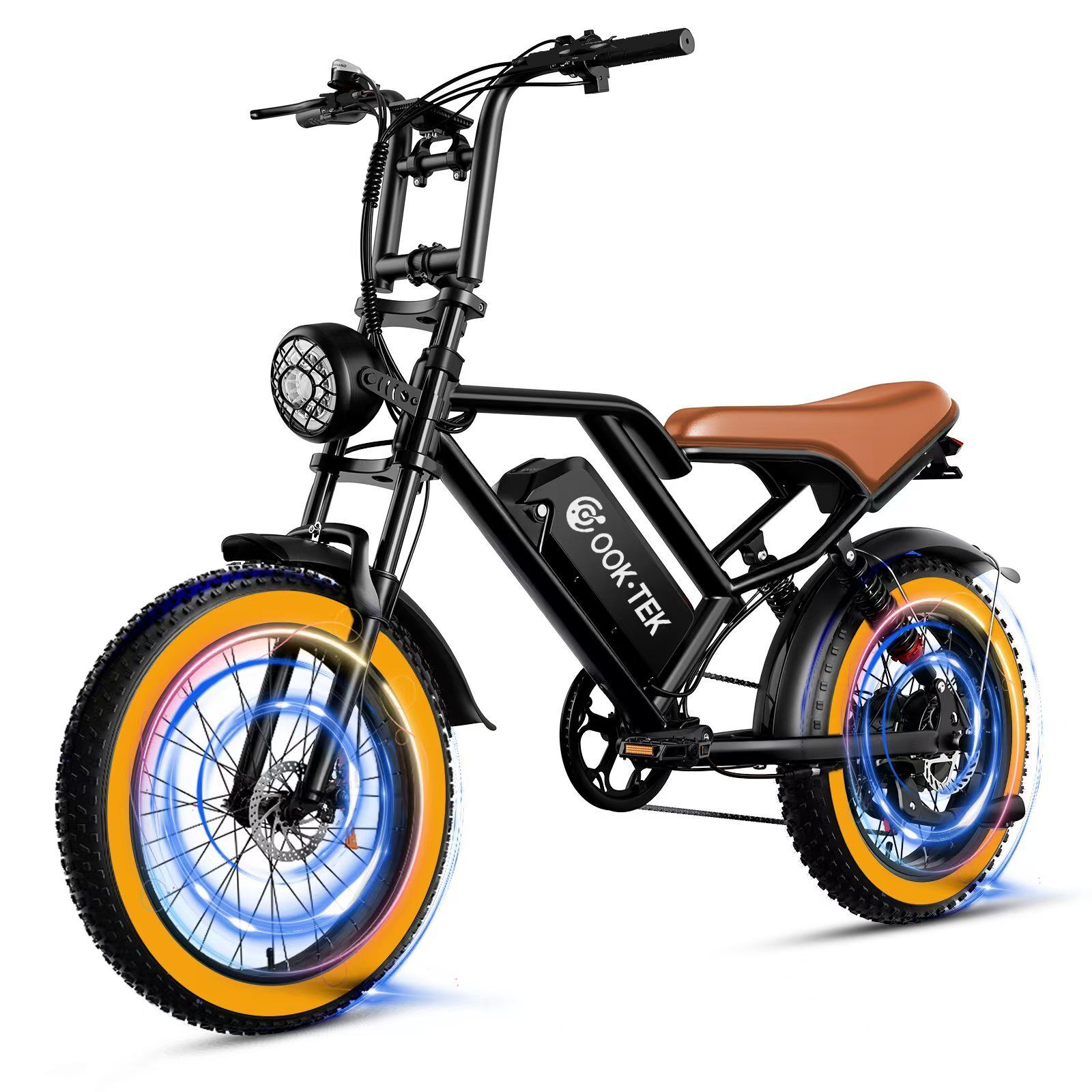 Zwarte e-bike met bruin zadel en gele banden. OOK-TEK logo op frame. Verlichte wielen.