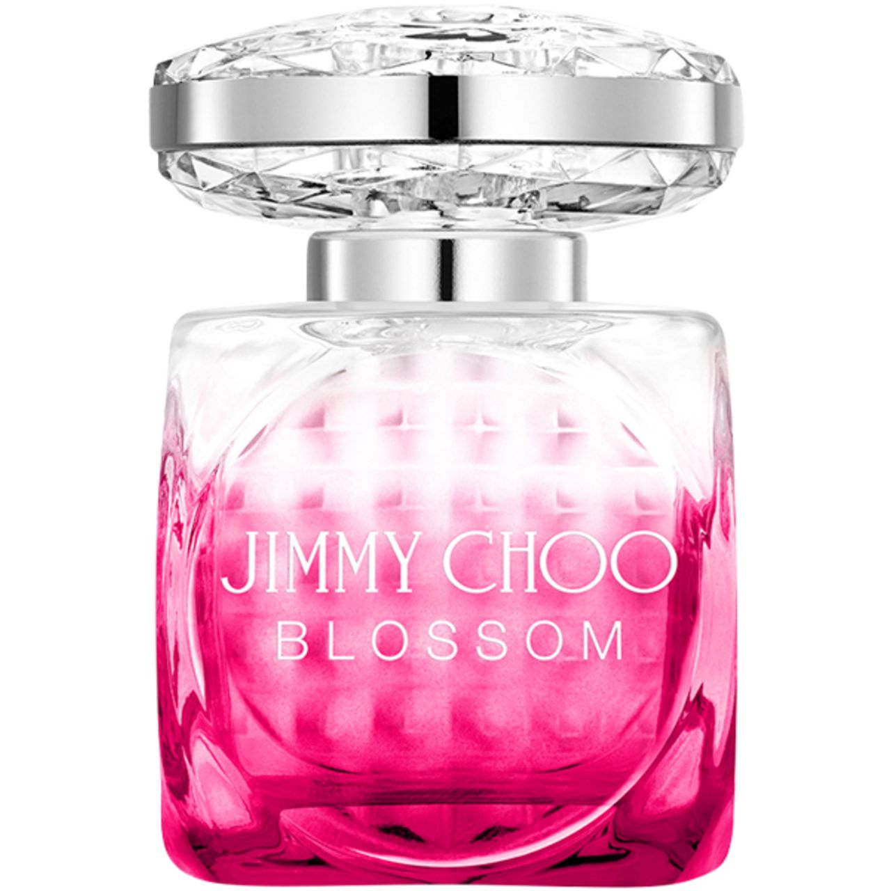Jimmy Choo Blossom e.d.p. Spray. Fles met zilveren dop en roze kleurverloop. Vierkante vorm.